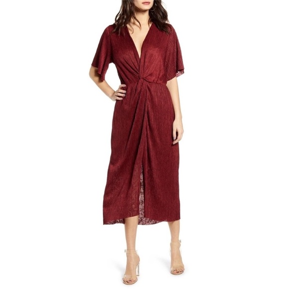 ALL IN FAVOR Wrap Midi Dress in Metallic Bordeaux - Picture 1 of 12